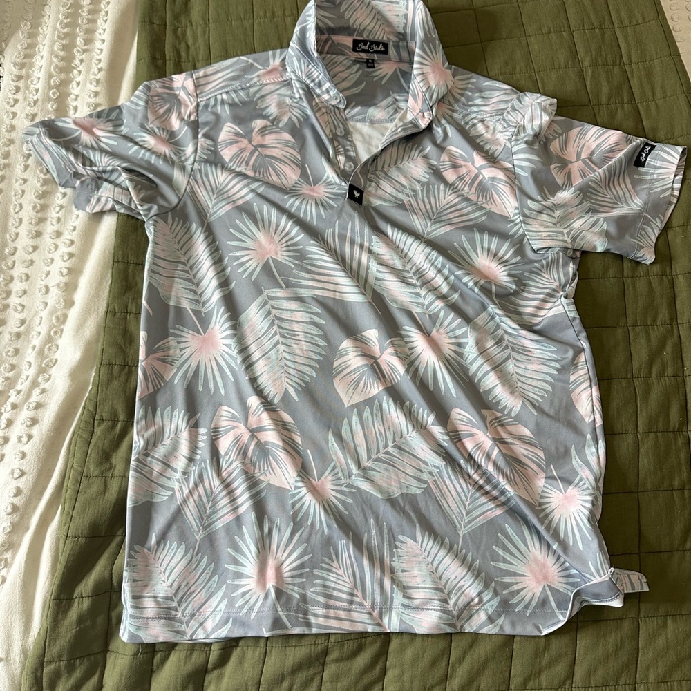 Bad Birdie Men's Tropical Leaf Polo - Soft Blue and Pink